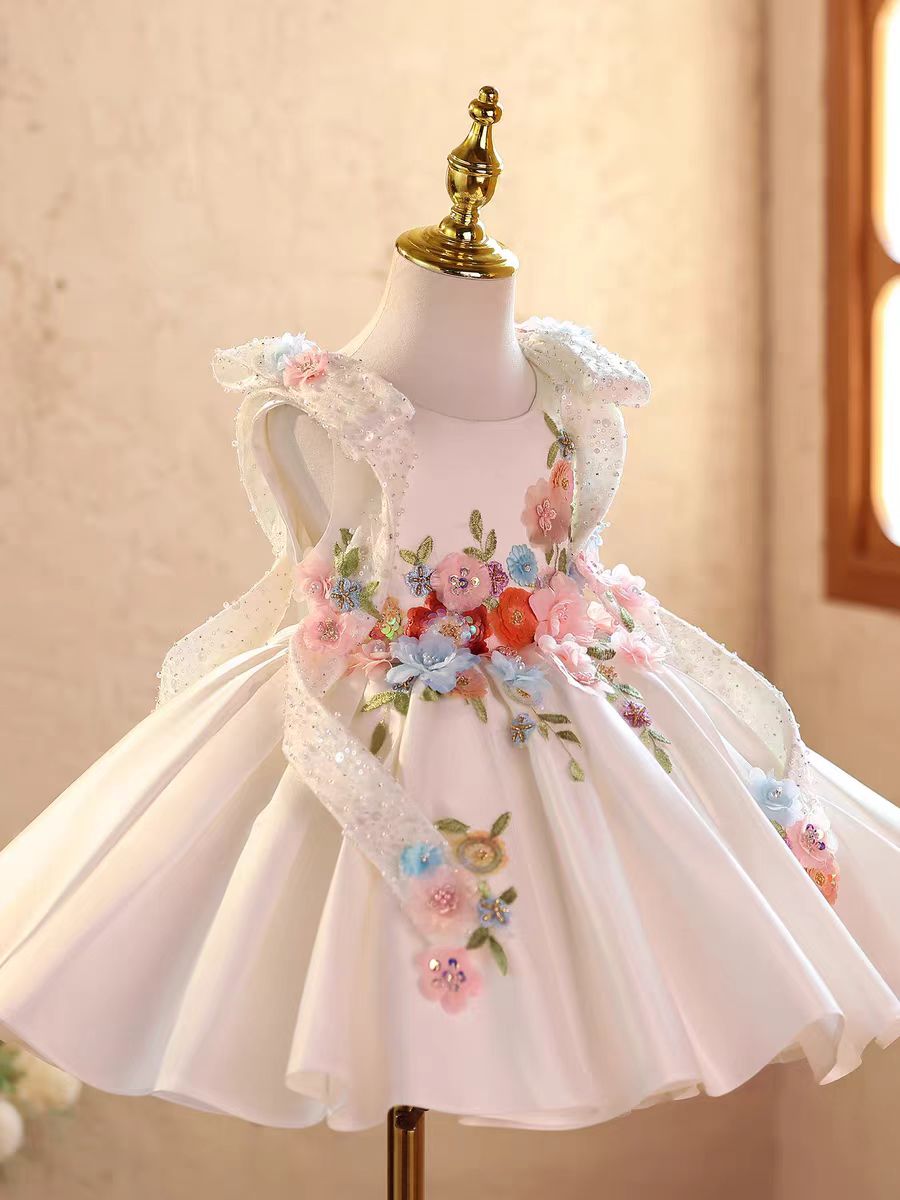 Luxury Blue Satin Flower Girl Dress 3D Floral Princess Birthday Party Gown D236