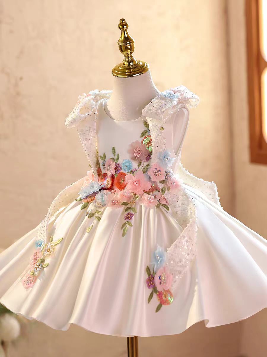 Luxury Blue Satin Flower Girl Dress 3D Floral Princess Birthday Party Gown D236