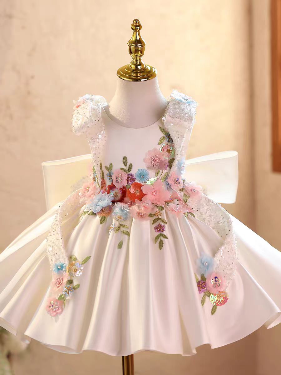 Luxury Blue Satin Flower Girl Dress 3D Floral Princess Birthday Party Gown D236
