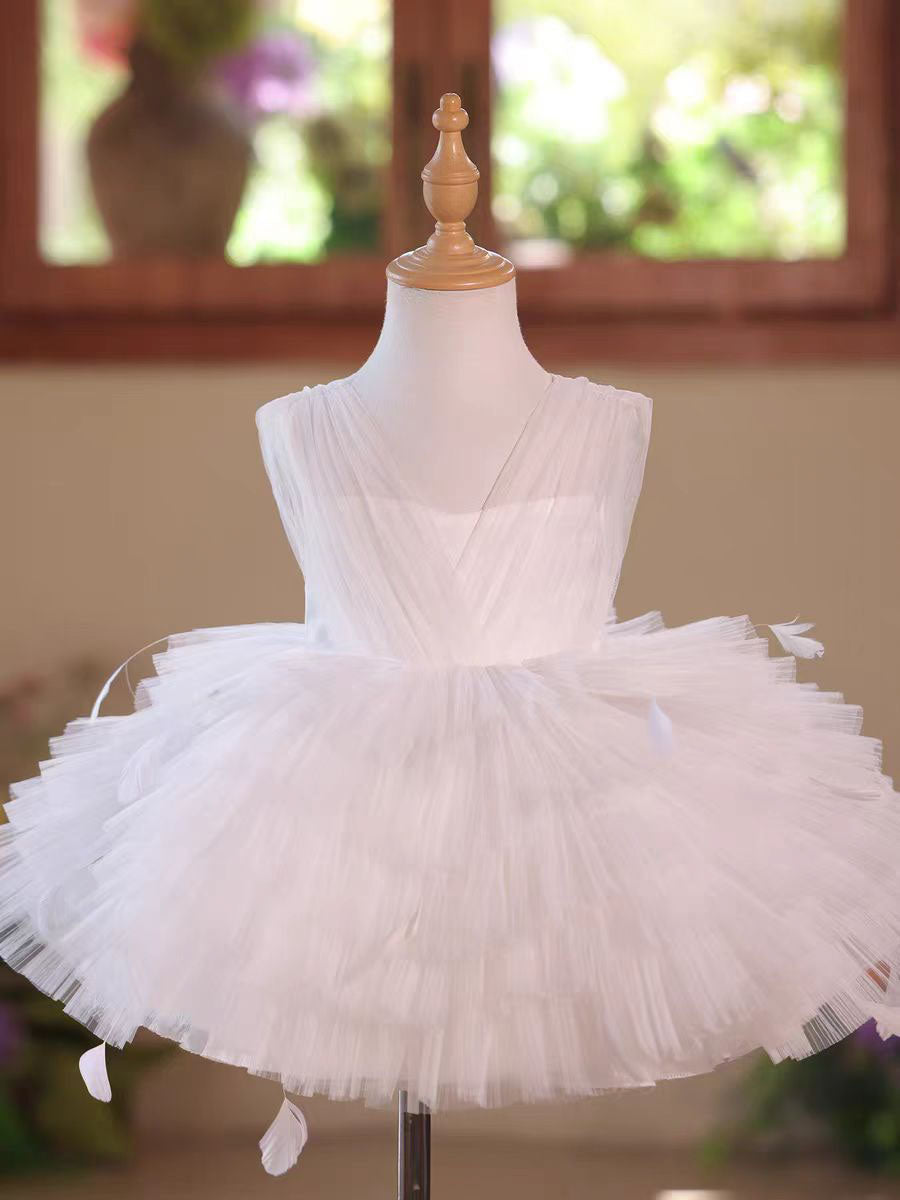 Elegant Black Flower Girl Dress with Feather Details Fluffy Long Skirt D139