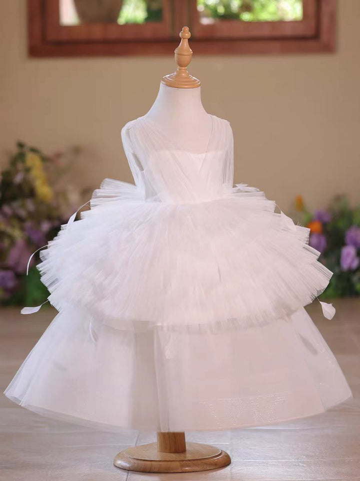 Elegant Black Flower Girl Dress with Feather Details Fluffy Long Skirt D139