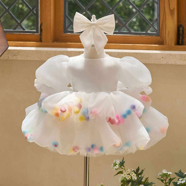 Colorful Pom Pom Puff Sleeve Girls Birthday Dress J510