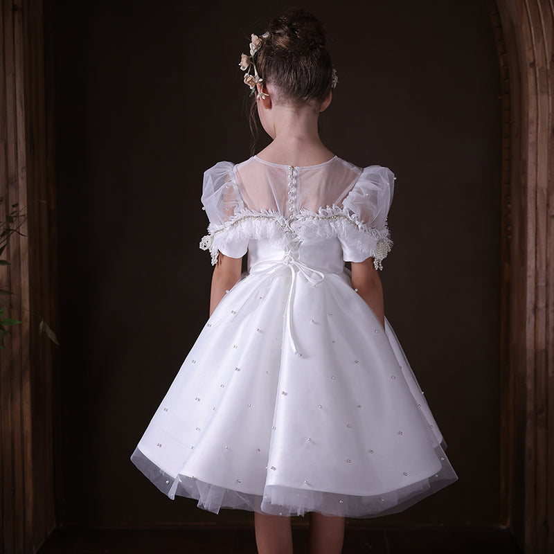 Elegant White Beaded Birthday Girl Dress with Pearls J340