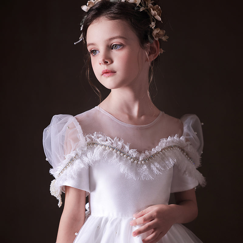 Elegant White Beaded Birthday Girl Dress with Pearls J340