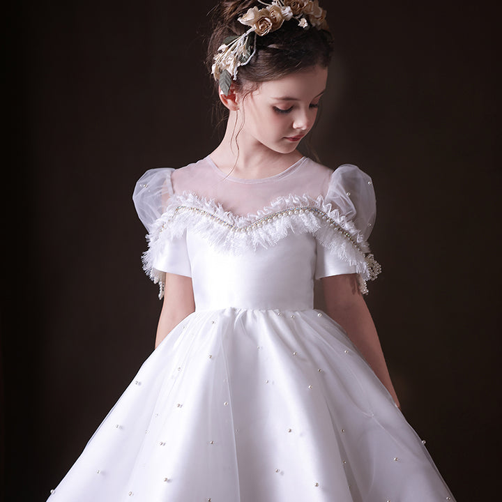 Elegant White Beaded Birthday Girl Dress with Pearls J340