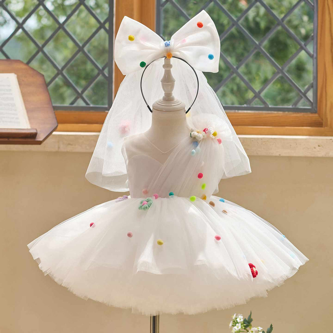Colorful Pom Pom One-Shoulder Girls Photoshoot Dress J511