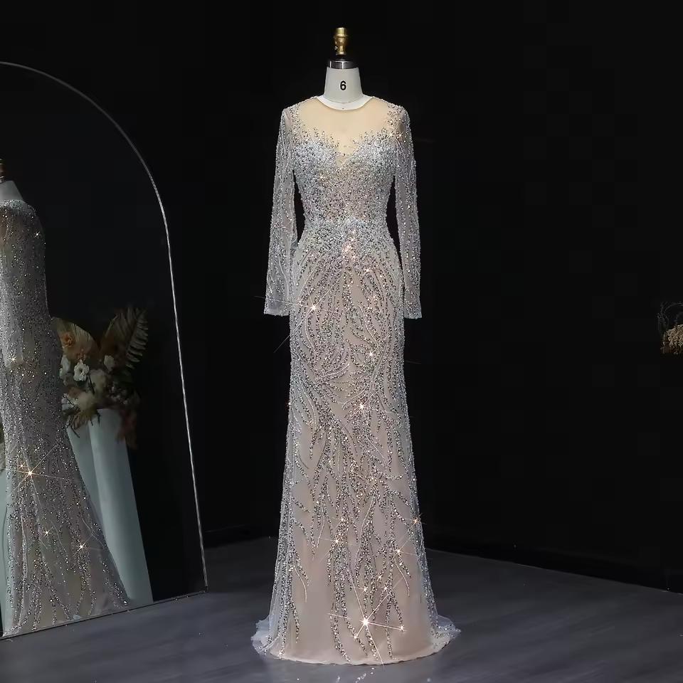 Luxury Dubai White Nude Mermaid Evening Dresses Long Sleeve SS684