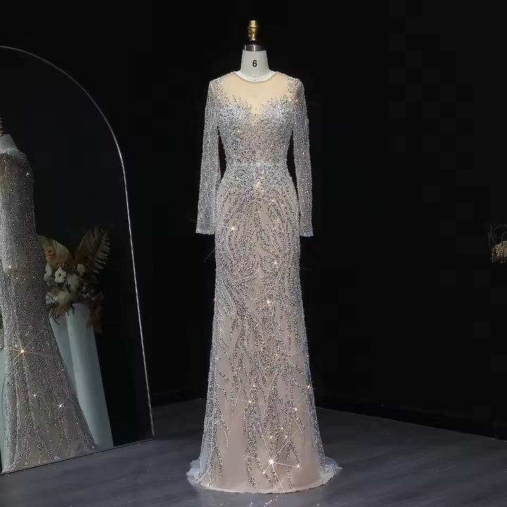 Luxury Dubai White Nude Mermaid Evening Dresses Long Sleeve SS684