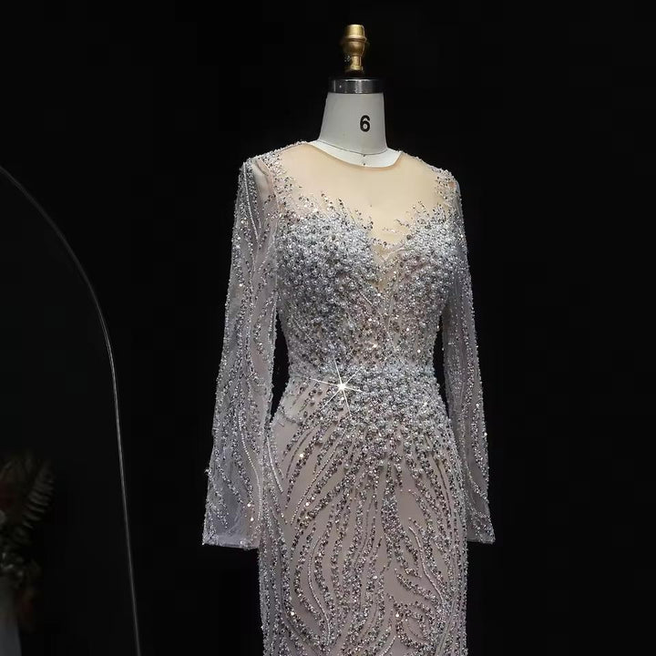 Luxury Dubai White Nude Mermaid Evening Dresses Long Sleeve SS684