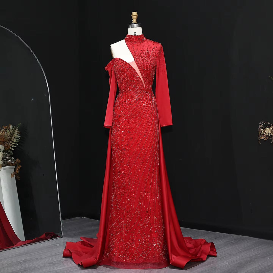 Wine Red One Shoulder Evening Dress with Overskirt SS019