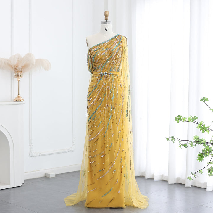 Yellow Beaded One Shoulder Yellow Evening Dress with Cape SS423