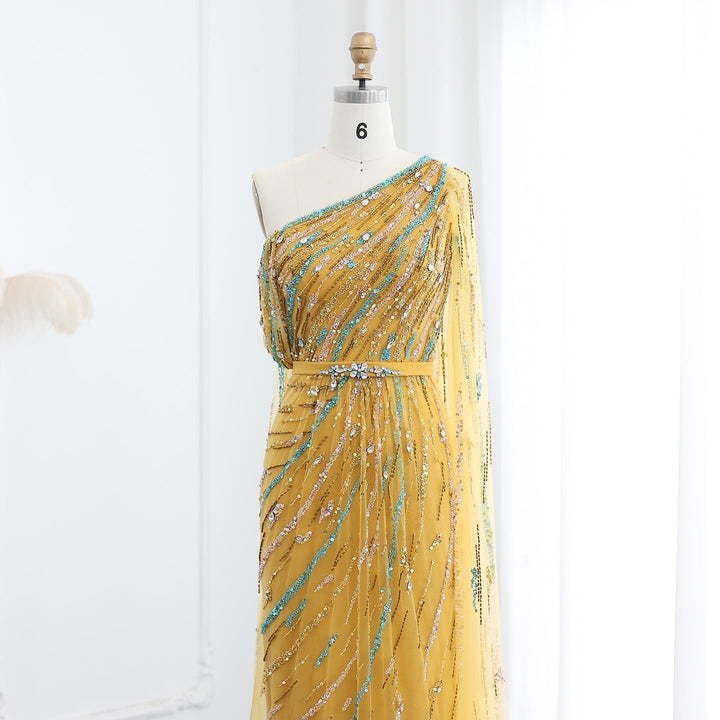 Yellow Beaded One Shoulder Yellow Evening Dress with Cape SS423