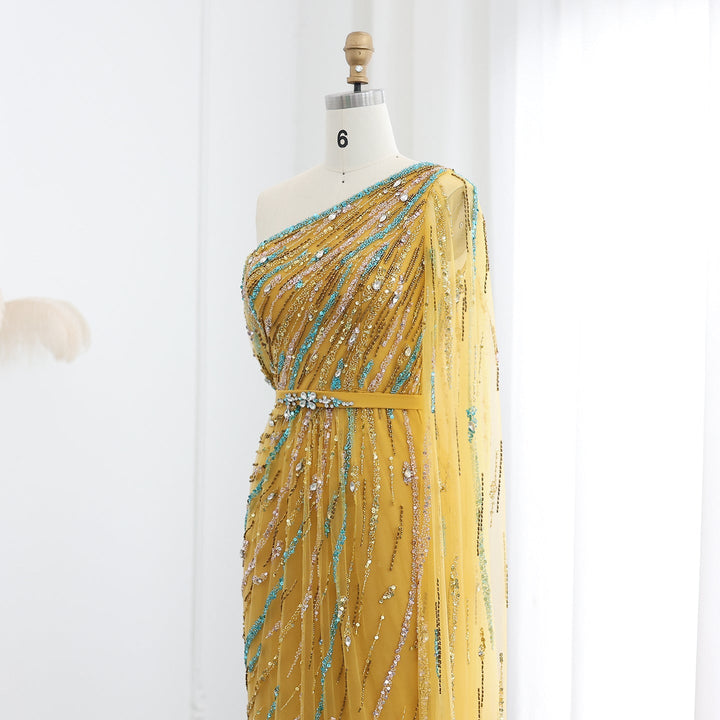 Yellow Beaded One Shoulder Yellow Evening Dress with Cape SS423