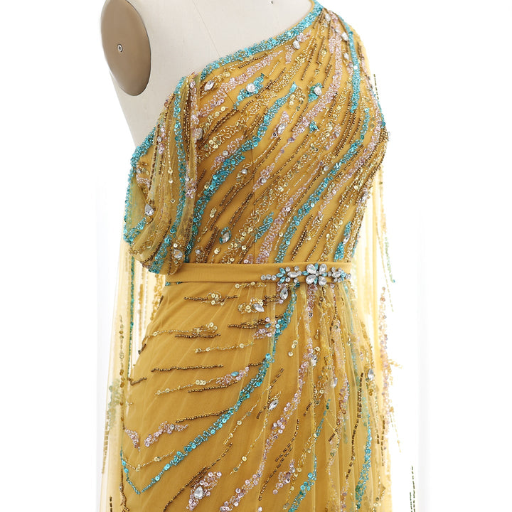 Yellow Beaded One Shoulder Yellow Evening Dress with Cape SS423