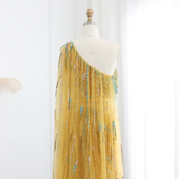 Yellow Beaded One Shoulder Yellow Evening Dress with Cape SS423
