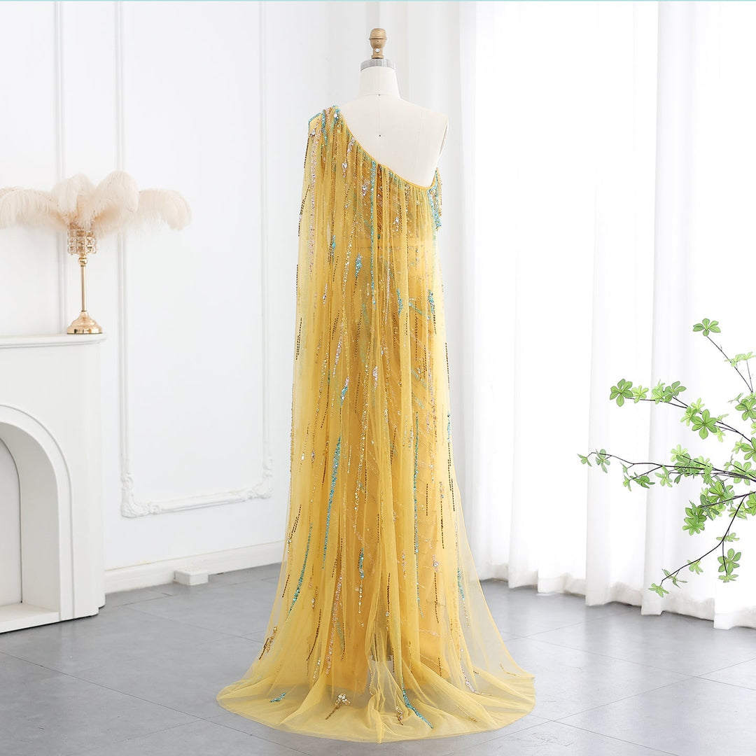 Yellow Beaded One Shoulder Yellow Evening Dress with Cape SS423