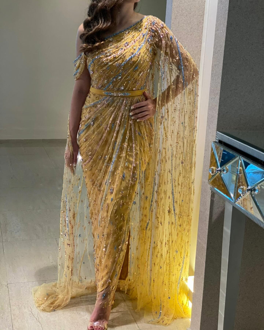 Yellow Beaded One Shoulder Yellow Evening Dress with Cape SS423 DreamyVow Yellow Beaded One Shoulder Yellow Evening Dress with Cape SS423 DreamyVow