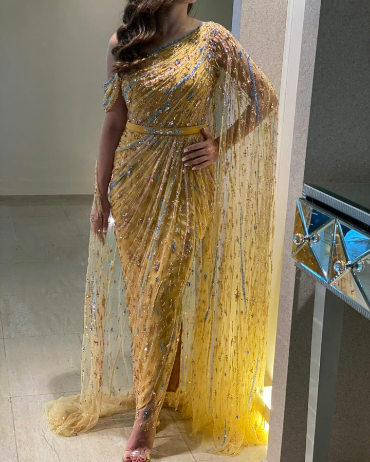 Yellow Beaded One Shoulder Yellow Evening Dress with Cape SS423