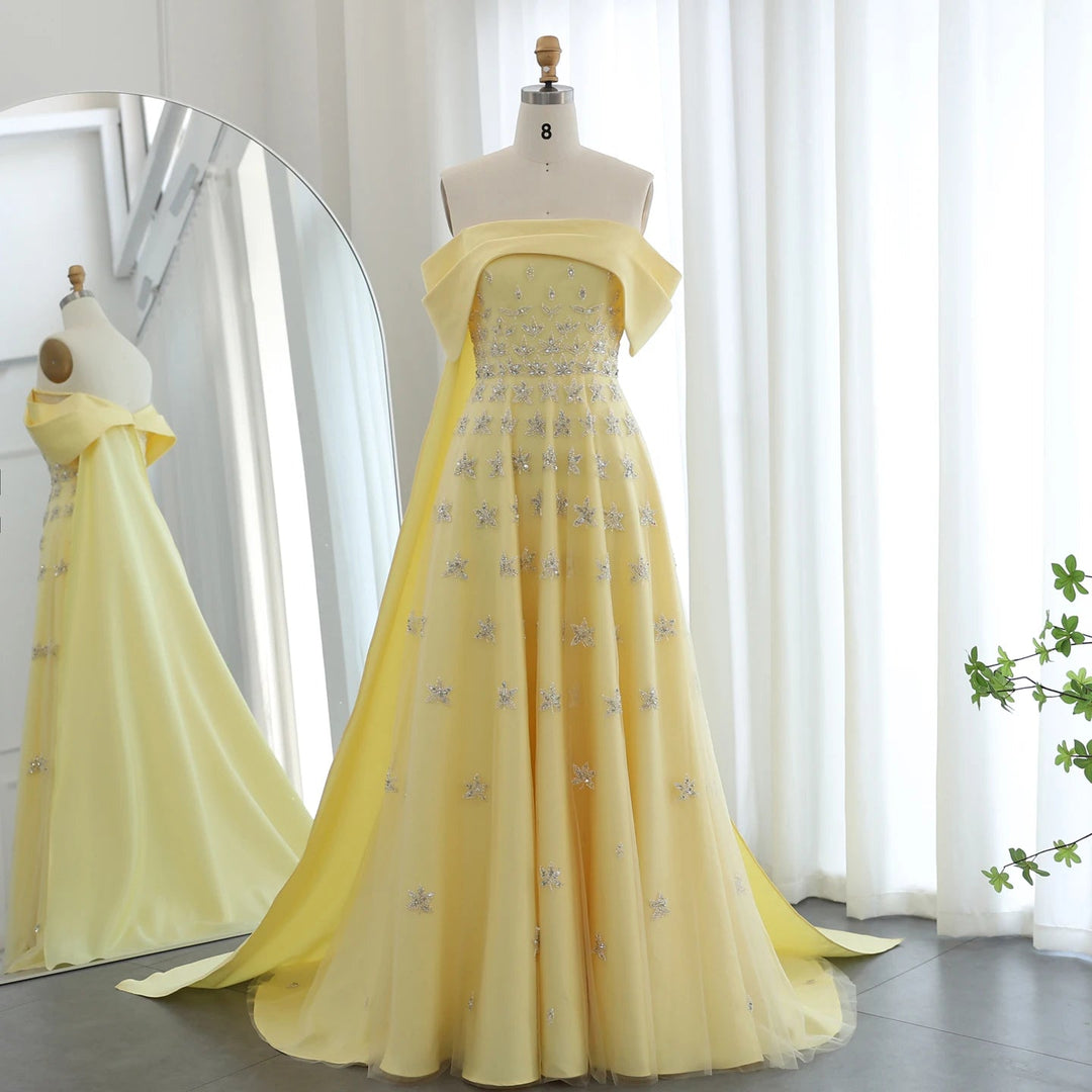 Yellow Satin Luxury Dubai Evening Dress with Cape 2025 SS455 DreamyVow Yellow Satin Luxury Dubai Evening Dress with Cape 2025 SS455 DreamyVow