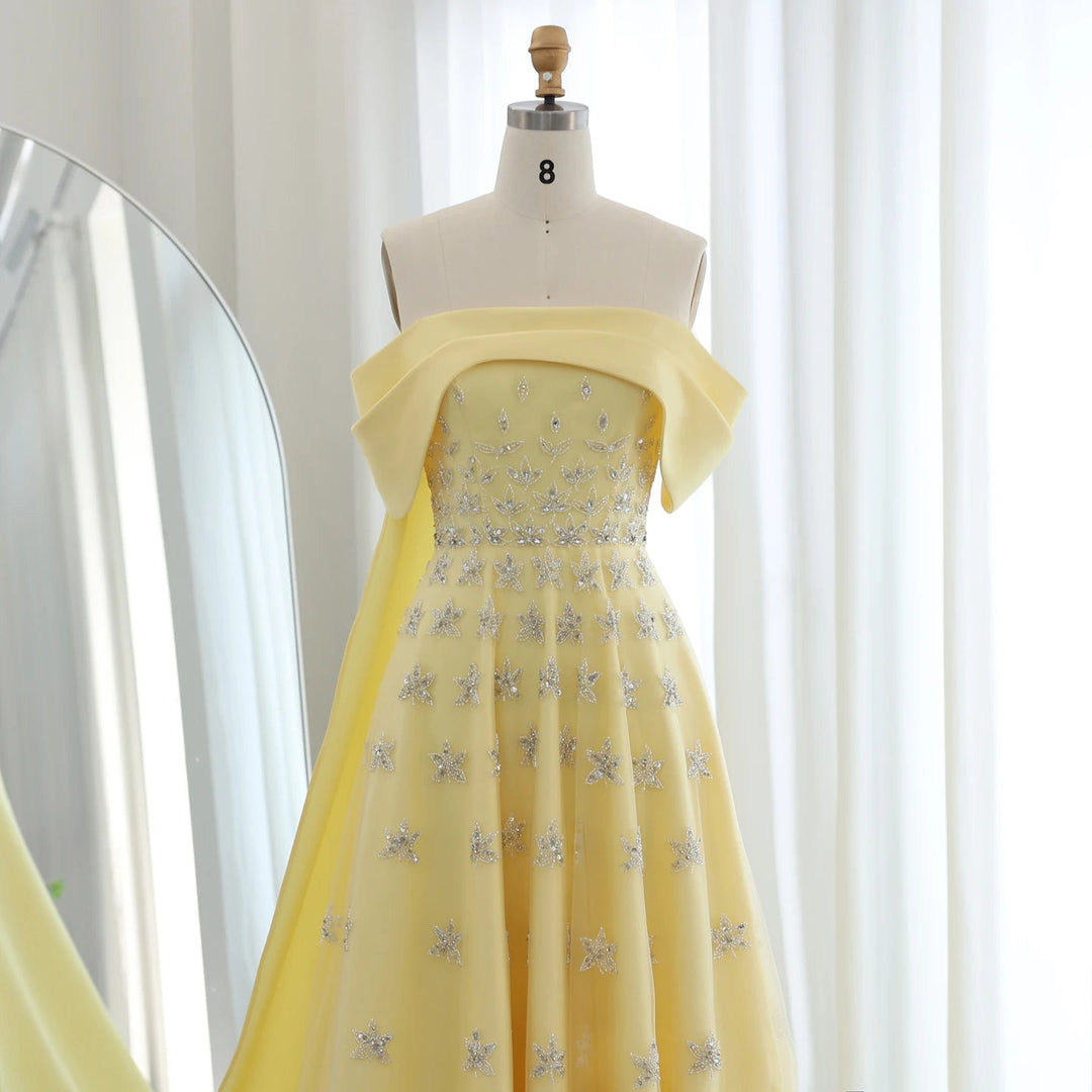 Yellow Satin Luxury Dubai Evening Dress with Cape 2025 SS455