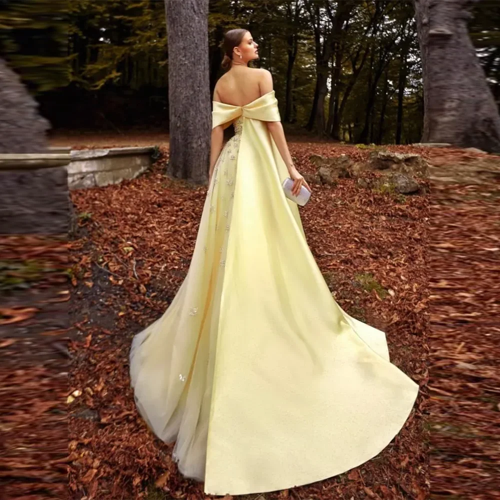 Yellow Satin Luxury Dubai Evening Dress with Cape 2025 SS455