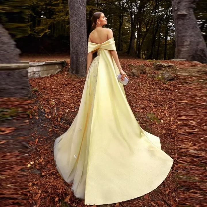 Yellow Satin Luxury Dubai Evening Dress with Cape 2025 SS455