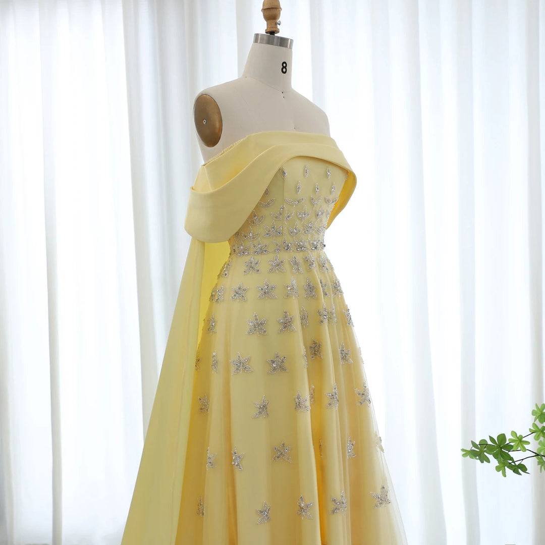 Yellow Satin Luxury Dubai Evening Dress with Cape 2025 SS455
