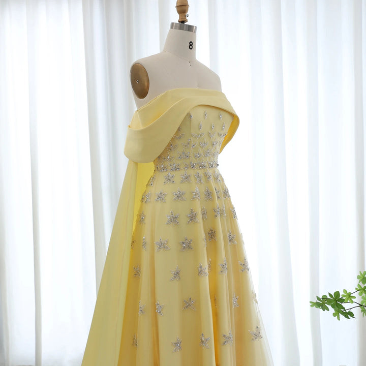 Yellow Satin Luxury Dubai Evening Dress with Cape 2025 SS455
