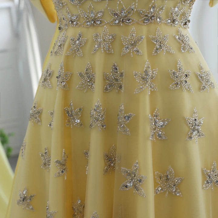 Yellow Satin Luxury Dubai Evening Dress with Cape 2025 SS455