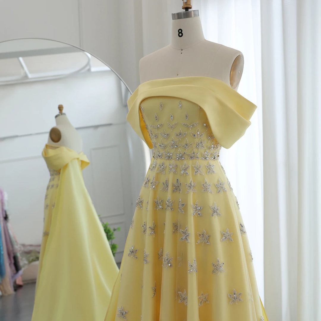 Yellow Satin Luxury Dubai Evening Dress with Cape 2025 SS455