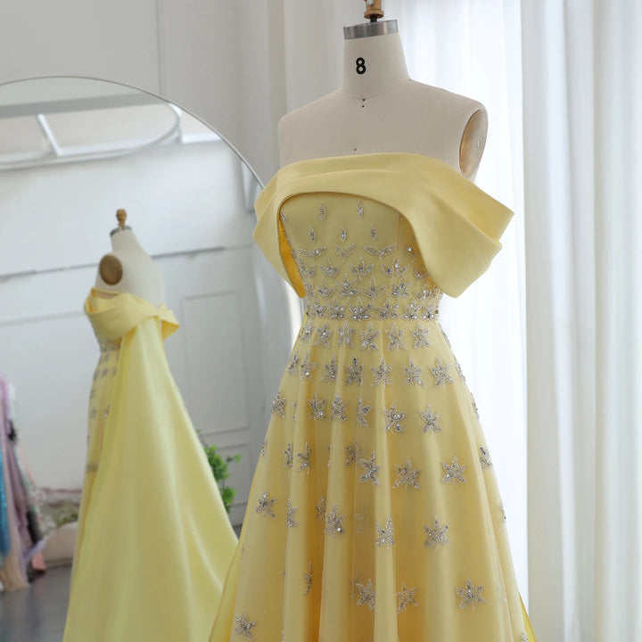 Yellow Satin Luxury Dubai Evening Dress with Cape 2025 SS455