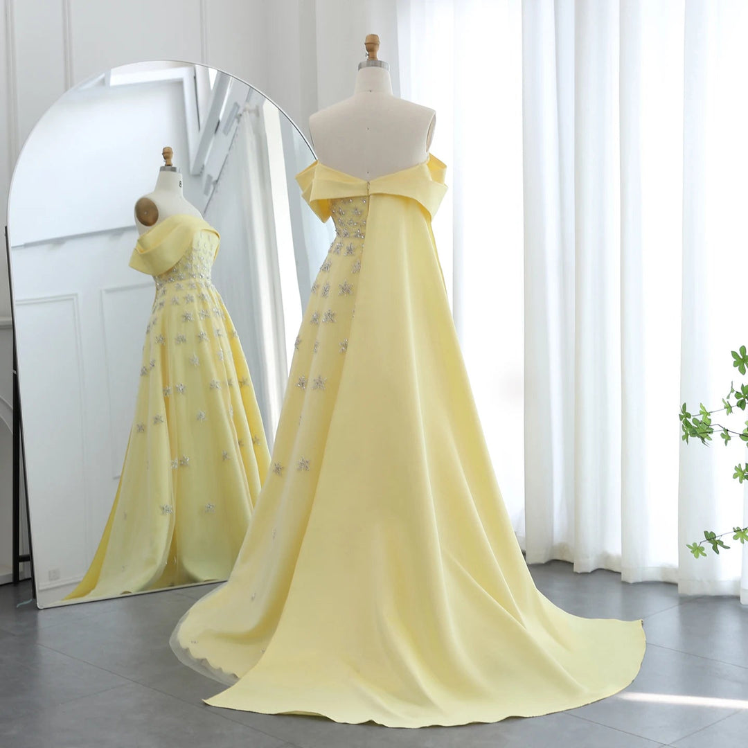 Yellow Satin Luxury Dubai Evening Dress with Cape 2025 SS455