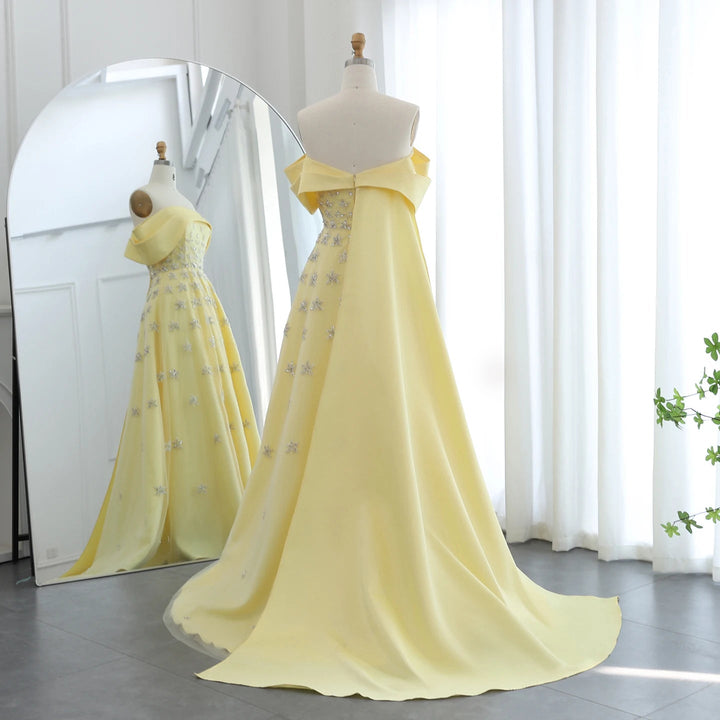 Yellow Satin Luxury Dubai Evening Dress with Cape 2025 SS455