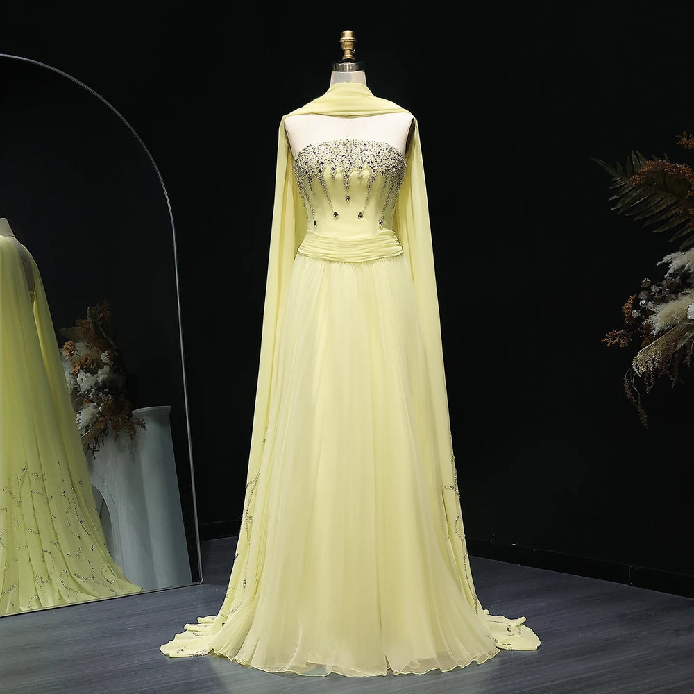 Yellow Strapless Arabic Evening Dress with Cape XD-009