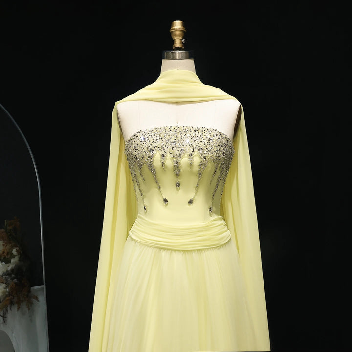 Yellow Strapless Arabic Evening Dress with Cape XD-009