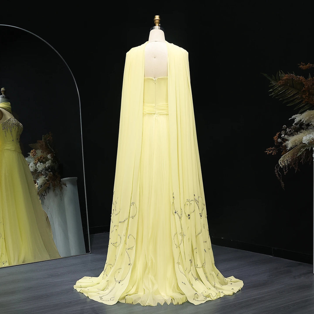 Yellow Strapless Arabic Evening Dress with Cape XD-009 Yellow Strapless Arabic Evening Dress with Cape XD-009