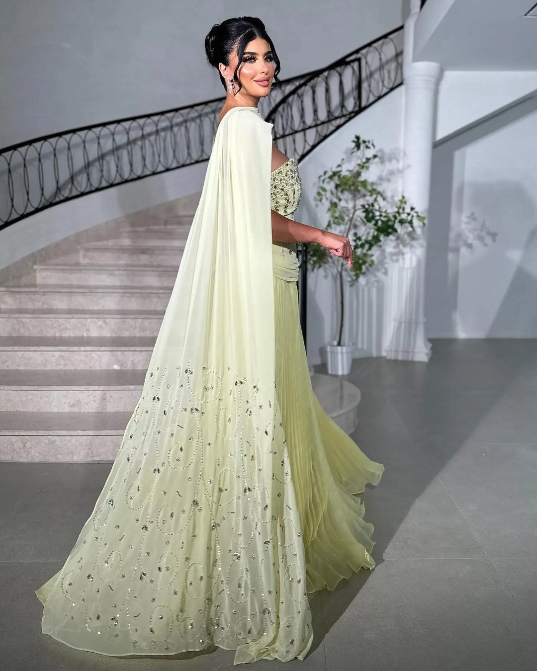 Yellow Strapless Arabic Evening Dress with Cape XD-009