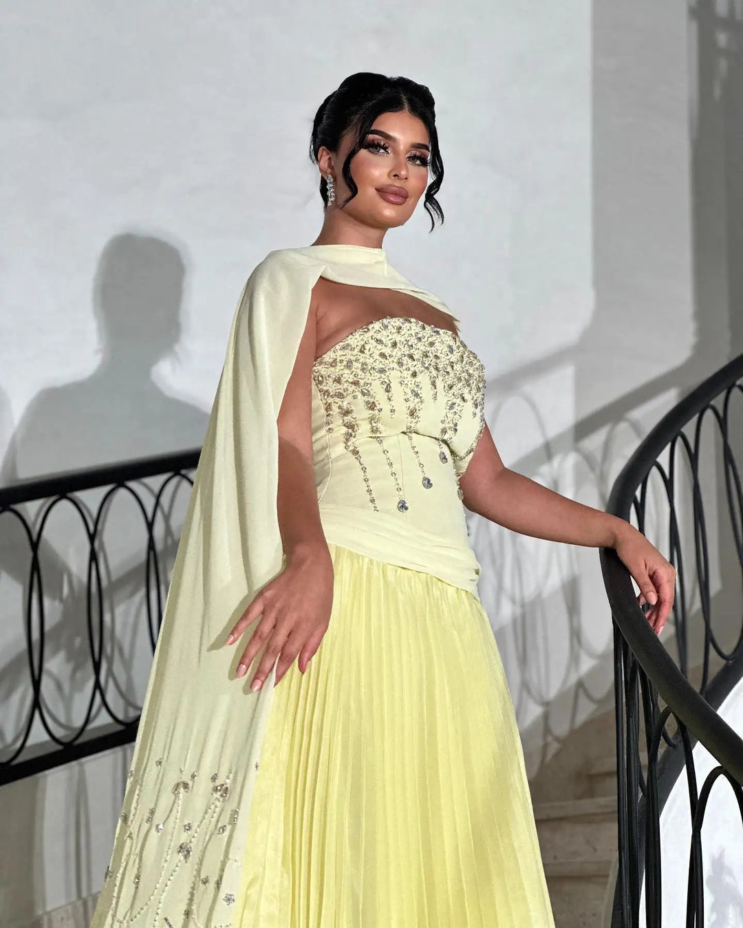 yellow cape dress Yellow Strapless Arabic Evening Dress with Cape XD-009