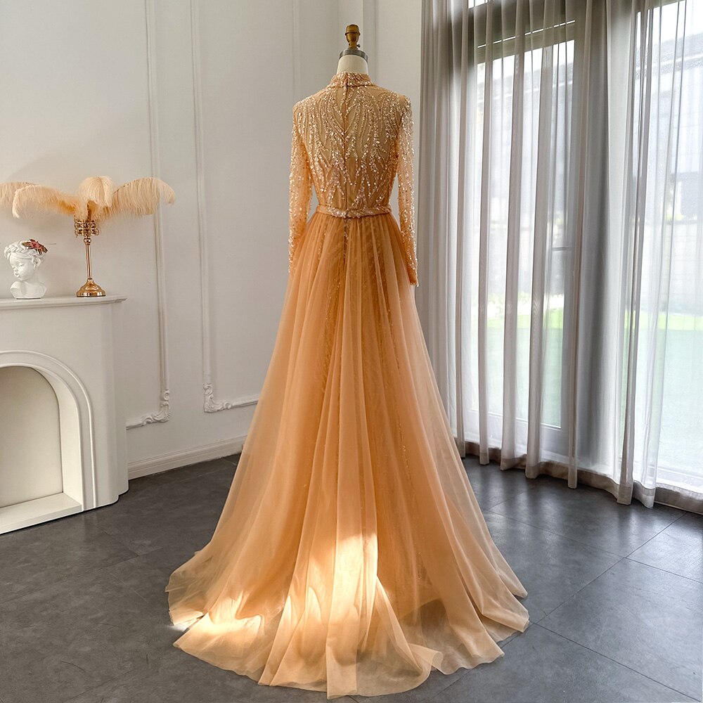 champagne evening dresses 2020 detachable skirt sequin appliqué sparkle arabic  evening gow… | High neck evening dress, Champagne evening dress, Evening  gowns formal